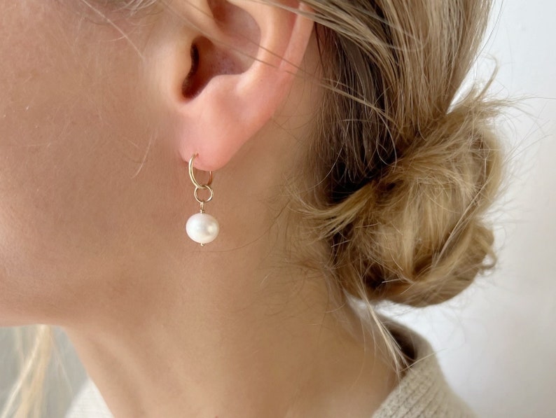 Pearl hoop earrings, Solid Gold Earrings, Small Hoop Earrings, 14k Gold Earrings, Dainty Hoop Earrings, June Birthstone Earrings image 1