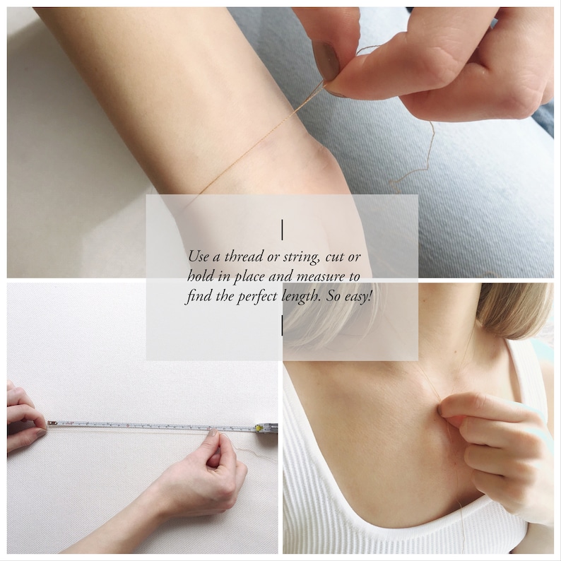 Pu&ograve; includere: Primo piano di una mano che tiene un pezzo di filo. Il filo viene utilizzato per misurare la lunghezza di una collana. Il testo "Use a thread or string, cut or hold in place and measure to find the perfect length. So easy!" &egrave; visibile nell'immagine.