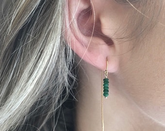 Emerald Earrings, Natural Emerald Jewelry, Threader earrings, Dainty Earrings, Beaded Earrings, Minimalist Earrings, Bithstone Jewerly