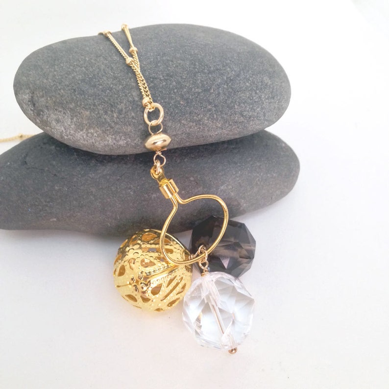 Gold Long Necklace Heirloom Necklace Crystal Quartz Necklace Smoky Quartz Necklace Gold Filigree Necklace Beaded Necklace Smokey image 2