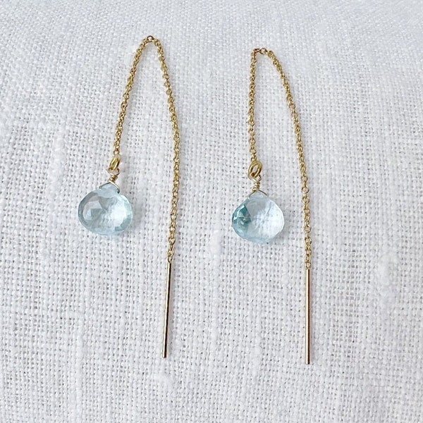 Aquamarine Drop Earrings, Aquamarine Dangle Earrings, Dainty Gold Aquamarine Jewelry, March Birthstone Earrings, Threader Earrings