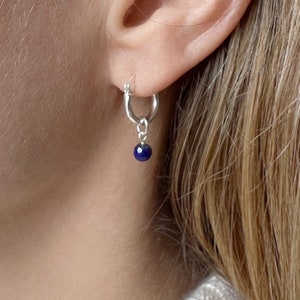 Silver Sapphire Hoop Earrings, Genuine Sapphire Earrings, Hoop Earrings, Dainty Earrings, September Birthstone Jewelry