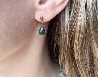 Emerald Stud Earrings, Emerald Jewelry, Gold Emerald Earrings, Dainty Earrings Dangle