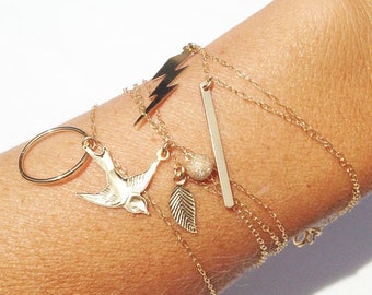 Dainty Charm Bracelet, 14k Gold Filled, Bird Charm Bracelet, Bar Bracelet, Circle Bracelet, Leaf Charm Bracelet, Gift For Her, Gold Charm