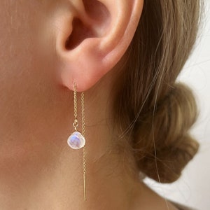 Moonstone Earrings, Minimalist Threader Earrings, Dainty Gold Moonstone Jewelry, June Birthstone Earrings,