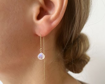 Moonstone Earrings, Dainty Gold Moonstone Jewelry, June Birthstone Earrings, Thread Earrings