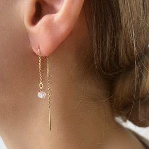 Rainbow Moonstone Earrings, Dainty Gold Moonstone Jewelry, June Birthstone Earrings, Threader Earrings