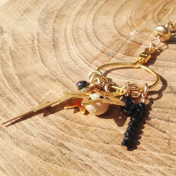 Gold Charm Long necklace - Black Garnet Necklace - Tiny Star - Gold Ball - 14k gold filled - Gem Bar - Vertical Bar