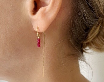 Natural Ruby Earrings, Genuine Ruby Jewelry, Ruby Birthstone Jewelry, Threader earrings, Dainty Earrings, Beaded Earrings