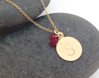 Personalized Ruby Necklace, July Birthstone Necklace,  Gold Initial Ruby Jewelry, Ruby Birthstone Necklace