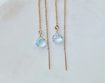 Aquamarine Earrings, Aquamarine Dangle Earrings, Dainty Gold Aquamarine Jewelry, March Birthstone Earrings, Threader Earrings