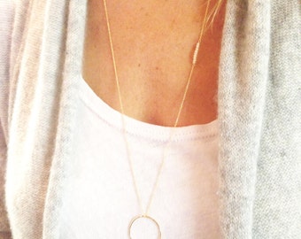 Opal Necklace, Long Gold Necklace, Gold Opal Necklace, October Birthstone, Circle Necklace, 14k Gold Filled