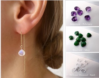 Birthstone Drop Earrings, Gemstone Threader Earrings, Gold Drop Earrings
