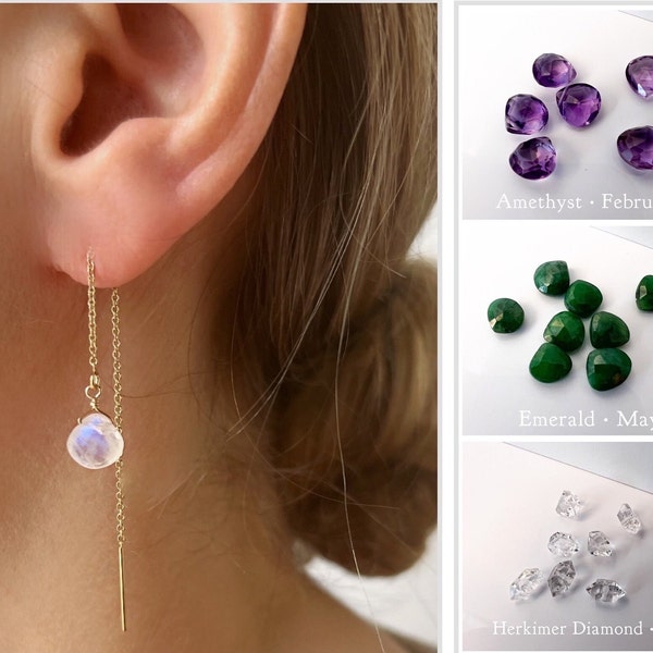 Birthstone Drop Earrings, Gemstone Threader Earrings, Gold Drop Earrings