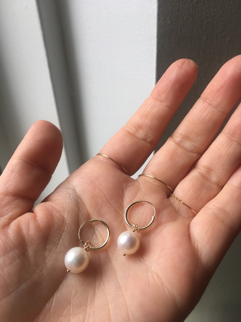 Pearl hoop earrings, Solid Gold Earrings, Small Hoop Earrings, 14k Gold Earrings, Dainty Hoop Earrings, June Birthstone Earrings image 4