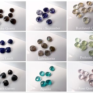 Pu&ograve; includere: Assortimento di nove cabochon di pietre preziose diverse, tra cui quarzo affumicato, iolite, quarzo rutilato, lapislazzuli, labradorite, prehnite, granato nero, apatite e quarzo rosa.