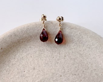 Garnet Stud Earrings, Gold Garnet Earrings, January Birthstone Jewelry Gift, Dainty Earrings Dangle