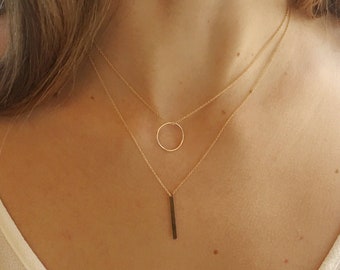 Layered Necklace Set, Circle Necklace, Vertical Bar Necklace, Gold Bar Necklace, 14k gold filled, Necklace Set