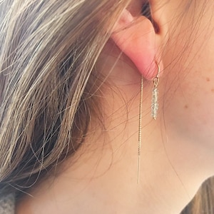 May include: A pair of delicate gold chain earrings with a small cluster of clear faceted stones hanging from one end.
