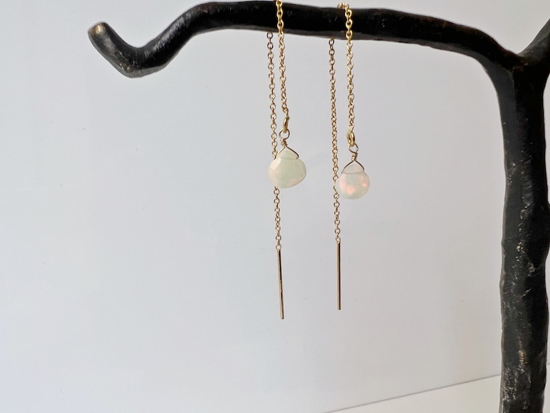 Opal Earrings Dangle, Dainty Gold Opal Jewelry, October Birthstone Earrings, Thread Earrings image 3