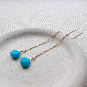 Turquoise and Gold Earrings, Turquoise Earrings Sterling Silver, December Birthstone Earrings, Thread Earrings image 5