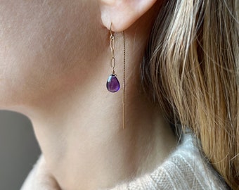 Amethyst Earrings, Dainty Amethyst Paperclip Earrings, Amethyst Jewelry for Women, February Birthstone Earrings, Thread Earrings