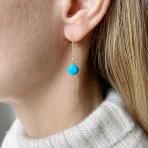 Turquoise and Gold Earrings, Turquoise Earrings Sterling Silver, December Birthstone Earrings, Thread Earrings image 4