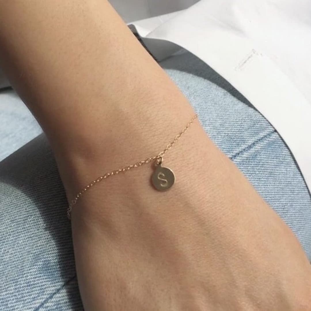 Gold Initial Bracelet, Dainty Initial Bracelet, Tiny Personalized Disc Bracelet Etsy