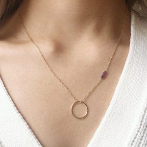 Birthstone Necklace for Mom, Circle Necklace for Women, Gold Ring Necklace, Gemstone Beaded Necklace