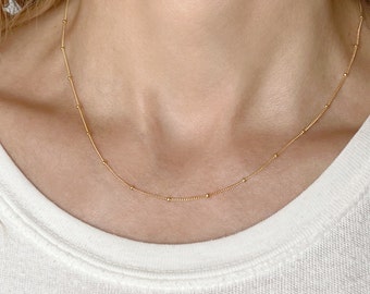 Satellite Necklace, Gold Beaded Necklace, Dainty Chain Necklace, Layering Necklace, 14k Gold Chain Necklace, Dainty Silver Necklace