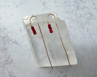 Dainty Ruby Earrings, Genuine Ruby Jewelry, Ruby Birthstone Jewelry, Thread earrings,