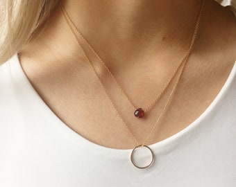 Layered Necklace Set, Garnet Necklace, Birthstone Necklace, January Birthstone, Layered Necklace,  Dainty Necklace, Circle Necklace