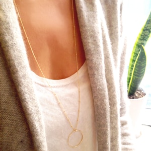 Long Gold Necklace, Circle Necklace, 14k Gold Filled, Gold Beaded Necklace, Beaded Satellite Chain, Long Circle Necklace, Layered Necklace