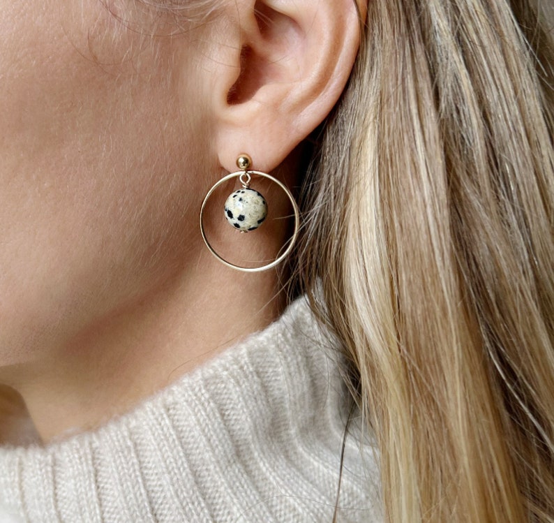 Mid Century Modern Earrings, Jasper Earrings, Circle Stud Earrings, Gold Hoop Earrings, Jasper Jewelry image 1