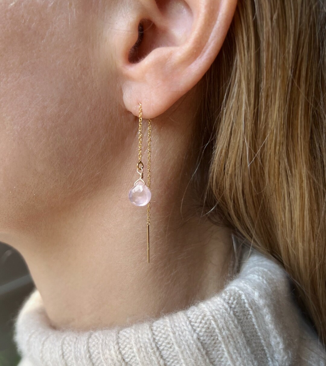 Rose Quartz Earrings Rose Quartz Dangle Earrings Dainty Gold Rose Quartz Jewelry Rose Quartz Thread Earrings Etsy
