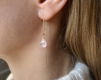 Rose Quartz Earrings, Dainty Dangle Earrings, Minimalist Gold Rose Quartz Jewelry, Gold Threader Earrings
