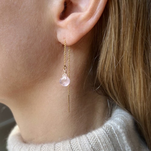 Rose Quartz Earrings, Dainty Dangle Earrings, Minimalist Gold Rose Quartz Jewelry, Gold Threader Earrings