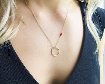 Dainty Ruby Necklace, Genuine Ruby, Gold Ruby Circle Necklace, Infinity Necklace, July Birthstone, Red Birthstone