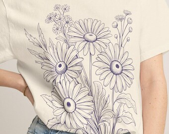 Vintage Wildblumen botanisches Grafik-T-Shirt, Retro Cottagecore Linocut Comfort Colors® T-Shirt, Gartenblumen-Shirt