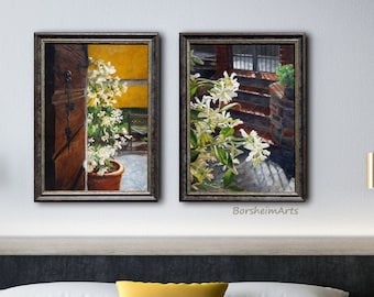 Jasmine Flowers Two Original Floral Paintings, Vertical pair of Framed Jasmine flower Paintings, Tuscany, Italy wall art set of Tuscan home