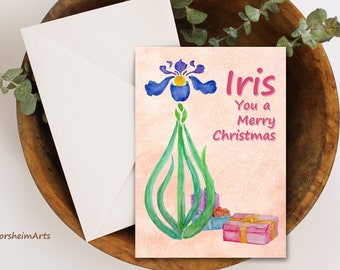 Iris You a Merry Christmas Note Card, Printable Flower Botanical art card, Watercolor Iris floral note card DIY printable gardener gift Xmas