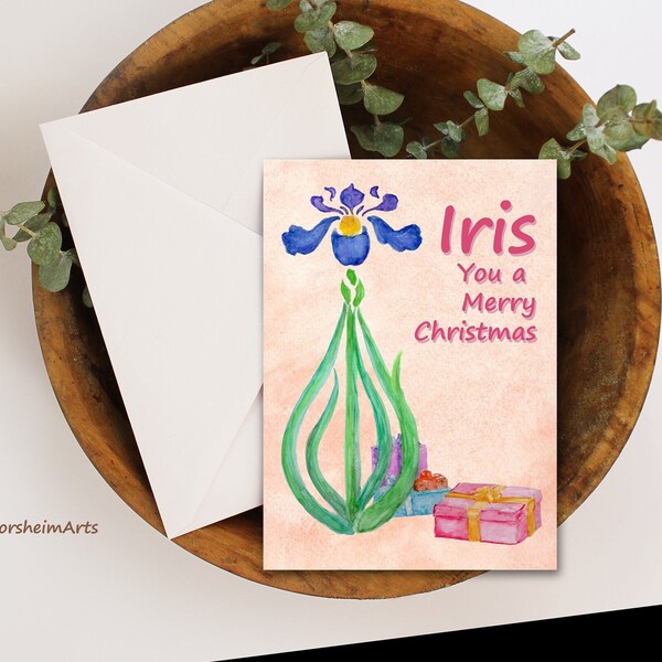 Iris You a Merry Christmas Note Card, Printable Flower Botanical art card, Watercolor Iris floral note card DIY printable gardener gift Xmas