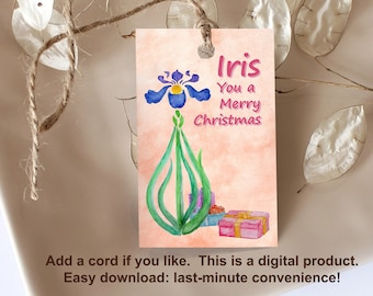 Iris You a Merry Christmas Gift Tags Set of 9, Xmas gift wrap tag sets, DIY printable watercolor purple iris flower gift tags floral art set