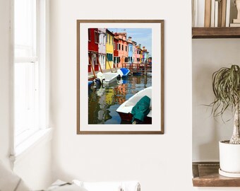 Venedig Italien Kanal Boote Fotografie Download Nautische Häuser Burano bunte Gebäude Bild Wohnzimmer digital druckbare Wandkunst
