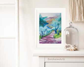 Tuscan art print from pastel painting of Italian landscape, Tuscany Italy artwork digital download, Turquoise olive grove along country road