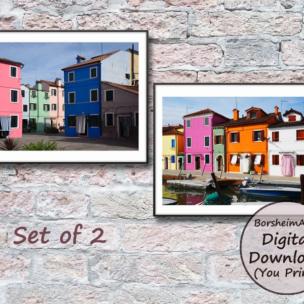 Set of Two Burano Venice Italy photos, Italian houses wall art photography of Colorful Buildings on island decor Duo printable Pair pictures