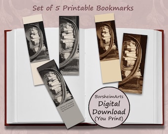 Printable Bookmarks Stack of Books, Stocking stuffer Bookmark Set of 5, Last minute affordable gift, Digital bookmarks Library of Dreams art