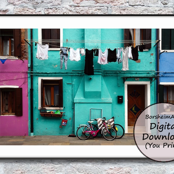 Turquoise hanging laundry room decor washing on the line Burano photo Venice photography, bicycles colorful Italian houses clothesline art