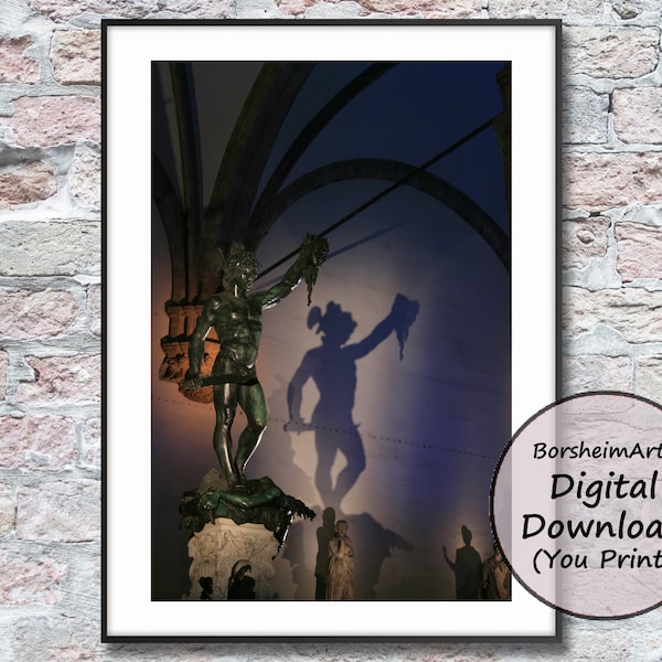 Perseus Medusa bronze statue photograph Florence Italy photo printable wall art, Italian sculpture classical mythology art Cellini download