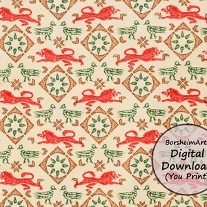 Vintage springender Löwe Italienisches digitales Papier Blatt Antikes Design Fasan Druck Unliniert Briefpapier Junk Journal druckbare rote grüne Geschenkverpackung